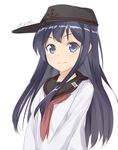  akai_ronii akatsuki_(kantai_collection) anchor_symbol blue_eyes flat_cap gradient gradient_background hat kantai_collection light_smile long_hair long_sleeves looking_at_viewer neckerchief purple_hair red_neckwear remodel_(kantai_collection) school_uniform serafuku sketch solo twitter_username upper_body white_background 