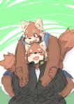  2012 anthro blush clothed clothing duo eyes_closed humanoid_hands kota&acute; male mammal red_panda simple_background sitting slightly_chubby 