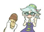  blue_eyes blue_hair blush breasts cleavage detached_collar domino_mask embarrassed eyebrows gloves hands_on_own_face hotaru_(splatoon) mask medium_breasts mushroom phallic_symbol seki_(red_shine) sexually_suggestive solo splatoon_(series) splatoon_1 thick_eyebrows white_gloves 