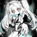  apron bloody_marie_(skullgirls) commentary_request foreshortening hair_ornament hat maid maid_headdress monochrome notoro outstretched_arm red_eyes silver_hair skull skull_hair_ornament skullgirls solo spot_color twintails 