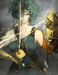  bad_id bad_pixiv_id belt blue_eyes buckle circlet curly_hair detached_sleeves dragon_quest dragon_quest_iv earrings electricity gem gloves green_hair grey_background heroine_(dq4) jewelry looking_at_viewer sheath shield short_hair shrimp_platter smile smirk solo sword unsheathed upper_body weapon 