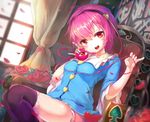  black_legwear breast_lift breasts chair curtains hairband head_tilt komeiji_satori long_sleeves open_mouth over-kneehighs petals pink_hair red_eyes rei_no_himo shirt short_hair sitting skirt small_breasts smile solo thighhighs third_eye touhou umagenzin wide_sleeves window 