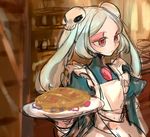  amulet apron bloody_marie_(skullgirls) cake commentary_request food from_side hair_ornament half-closed_eyes holding maid notoro plate red_eyes silver_hair skull skull_hair_ornament skullgirls solo twintails 