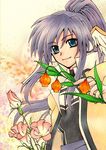  blue_eyes coat eustoma flower hair_ornament hair_stick long_hair ponytail purple_hair ryuu_(blackmark) smile solo touka_(utawareru_mono) traditional_media utawareru_mono wing_ears 