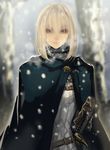  bad_id bad_pixiv_id bangs belt blonde_hair breath buckle cloak closed_mouth copyright_request gloves knight looking_at_viewer outdoors red_eyes short_hair shrimp_platter snowing solo sword tree upper_body weapon 