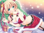  black_bow black_legwear blonde_hair blush bow breasts cleavage garter_straps gift gingerbread_man green_eyes hair_ornament hair_ribbon kamikita_komari large_breasts little_busters! looking_at_viewer lying midriff mitsumomo_mamu navel on_side ribbon santa_costume short_hair solo star thighhighs two_side_up wristband 