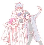  3boys :d aladdin_(magi) alternate_costume baby babywearing bad_id bad_pixiv_id bag belt blue_eyes blue_hair blush braid breath coat contemporary family glasses grin hat highres hood hood_down hooded_jacket jacket jacket_on_shoulders long_hair long_sleeves magi_the_labyrinth_of_magic multiple_boys noeunjung93 open_mouth pants pink_hair pointing red_eyes scarf self_shot sheba_(magi) simple_background single_braid sketch smile solomon_jehoahaz_abraham sweater taking_picture turtleneck uugo very_long_hair w what_if white_background winter_clothes 