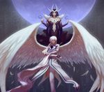  1girl absurdres androgynous black_hair cardcaptor_sakura cjh123456 closed_eyes clow_card dark_(clow_card) feathered_wings hair_over_one_eye highres large_wings moon sleeves_past_wrists white_wings wings yue_(ccs) 