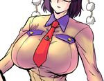  alternate_costume black_hair breasts brown_shirt close-up collared_shirt danna_(karatekikku) hat head_out_of_frame large_breasts long_sleeves necktie parted_lips red_neckwear shameimaru_aya shirt short_hair simple_background solo tie_clip tokin_hat touhou upper_body white_background 
