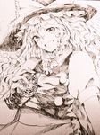  :d bow braid curly_hair fingerless_gloves gloves hair_bow hat head_tilt holding kirisame_marisa long_hair looking_at_viewer mini-hakkero monochrome open_mouth puffy_short_sleeves puffy_sleeves rosette_(roze-ko) sepia short_sleeves signature sketch smile solo star touhou traditional_media upper_body witch_hat 