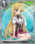  ahoge asia_argento bishop_(chess) blonde_hair card_(medium) character_name chess_piece green_eyes high_school_dxd kuoh_academy_school_uniform long_hair looking_at_viewer navel official_art pleated_skirt purple_skirt skirt socks solo torn_clothes torn_legwear torn_skirt trading_card white_legwear 