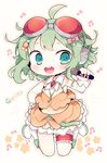 :d ahoge bad_id bad_tumblr_id beamed_eighth_notes blush boots bow brooch carrot_hair_ornament character_name chibi eighth_note food_themed_hair_ornament full_body goggles goggles_on_head green_eyes green_hair gumi hair_bow hair_ornament hand_on_hip headset jewelry jumping kyou_(nekoneko) leg_garter microphone midriff musical_note navel open_mouth outline round_teeth short_hair skirt sleeveless smile solo star star_hair_ornament teeth vocaloid wrist_cuffs 