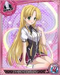  ahoge asia_argento bishop_(chess) blonde_hair card_(medium) character_name chess_piece green_eyes high_school_dxd kuoh_academy_school_uniform long_hair looking_at_viewer official_art pleated_skirt purple_skirt skirt socks solo trading_card white_legwear 