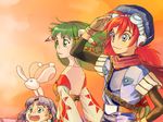  2girls bare_shoulders feena_(grandia) freckles grandia grandia_i green_hair hair_ornament hair_tubes justin_(grandia) layered_sleeves long_hair low-tied_long_hair multiple_girls purple_hair puui_(grandia) rionn short_hair sue_(grandia) 