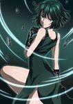  absurdres bad_id bad_pixiv_id bare_legs black_dress dress from_behind fubuki_(one-punch_man) gloves green_eyes green_hair highres lace lace_gloves looking_back one-punch_man sharumon short_hair side_slit smile solo 