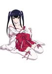  black_hair hair_ornament highres ikkitousen japanese_clothes long_hair looking_at_viewer miko saji_genpou_(true) simple_background smile solo thighhighs twintails white_background white_legwear yellow_eyes 