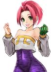  :d animal_print bare_shoulders breasts clenched_hands cowboy_shot crop_top crop_top_overhang detached_sleeves gauntlets gem green_eyes hands_up happy high_ponytail hips legaia_densetsu looking_at_viewer noa_(legaia_densetsu) nyantiu open_mouth pink_hair ponytail short_hair short_ponytail simple_background single_gauntlet small_breasts smile solo strapless teeth termah_(legaia_densetsu) tiger_print tubetop unitard white_background 