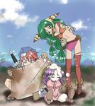  2girls bad_id bad_pixiv_id bare_shoulders breasts dress feena_(grandia) freckles grandia grandia_i grass green_hair hair_ornament hair_tubes jewelry justin_(grandia) kugimine long_hair low-tied_long_hair map midriff multiple_girls navel purple_hair puui_(grandia) shoes short_hair skirt sleeping small_breasts sue_(grandia) sword thighhighs weapon white_bloomers 