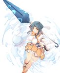  animal_ears armband atui_(utawareru_mono) blue_hair breasts cleavage highres large_breasts monster polearm running satomi short_hair shorts sidelocks smile solo utawareru_mono utawareru_mono:_itsuwari_no_kamen water weapon yellow_eyes 