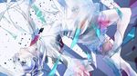  bad_id bad_pixiv_id belt blue_eyes blurry boots cropped_jacket depth_of_field dress earrings high_heel_boots high_heels highres jewelry jumping long_hair long_sleeves ookubo_akashi ribbon rwby shards solo weiss_schnee white_dress white_footwear white_hair wide_sleeves 