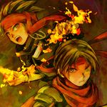  arc_(arc_the_lad) arc_the_lad arc_the_lad_ii armor cloak closed_mouth elc_(arc_the_lad) expressionless fire flame headband long_sleeves looking_at_viewer magic male_focus multiple_boys open_mouth pauldrons red_scarf satoshi_nai scarf serious spiked_hair teeth upper_body 
