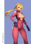  alternate_costume bad_id bad_pixiv_id black_gloves blonde_hair blue_eyes bodysuit breasts catsuit choker cleavage cowboy_shot frown gloves hand_on_hip high_collar jewelry large_breasts long_hair necklace nina_williams no_bra notte pendant pink_bodysuit ponytail solo tekken 