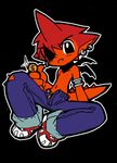  bat_wings black_background black_eyes coin denim dinosaur_tail dollar_sign earrings eyepatch fang izuna_yoshitsune jeans jewelry lowres navel pants pants_rolled_up red_hair ripped_jeans shirtless shoes sneakers sparkle tail wings 