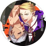  black_sclera blonde_hair blood blood_in_mouth bolt fangs grey_hair halloween hokuto_shun jojo_no_kimyou_na_bouken male_focus multiple_boys prosciutto red_eyes risotto_nero stitches upside-down vampire vento_aureo 