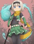  adapted_costume belt black_legwear blue_eyes bodysuit breasts bridal_gauntlets cropped_vest detached_sleeves hair_ribbon katana konpaku_youmu konpaku_youmu_(ghost) navel pantyhose ribbon scarf see-through short_hair silver_hair small_breasts smile solo sword touhou uumaru weapon 