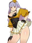  belt beyond_the_nobles black_gloves breasts choker cleavage fur_trim gloves hairband hand_on_hip hand_on_own_thigh highres idolmaster idolmaster_(classic) kagemusha large_breasts long_hair purple_hair red_eyes shijou_takane silver_hair simple_background skirt smile solo thighs white_background yellow_hairband 