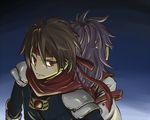  1girl arc_(arc_the_lad) arc_the_lad back-to-back brown_hair closed_mouth expressionless gradient gradient_background headband kukuru_(arc_the_lad) long_hair long_sleeves looking_at_viewer pauldrons purple_hair red_eyes red_scarf scarf short_hair upper_body 