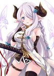  ass_visible_through_thighs asymmetrical_gloves black_gloves blue_eyes blush braid breasts buckle bug butterfly butterfly_hair_ornament demon_horns draph elbow_gloves finger_to_mouth fingerless_gloves gloves gradient_eyes granblue_fantasy hair_ornament hair_over_one_eye hairclip horns insect katana large_breasts lavender_hair long_hair looking_at_viewer multicolored multicolored_eyes narmaya_(granblue_fantasy) pointy_ears sideboob single_thighhigh sleeveless solo sword takase_kanan tassel thigh_strap thighhighs very_long_hair weapon white_background 