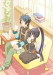  1girl akatsuki_(log_horizon) b.tarou book bottle couch curtains glass glasses log_horizon long_hair ponytail shiroe short_hair vase very_long_hair window 