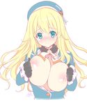  aqua_eyes areolae atago_(kantai_collection) beret black_gloves blonde_hair blush breast_squeeze breasts breasts_outside embarrassed gloves hat inverted_nipples kantai_collection large_breasts long_hair looking_at_viewer military military_uniform nipples open_clothes shibi simple_background sketch solo uniform upper_body wavy_mouth white_background 