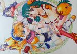  3girls absurdres blurry feena_(grandia) gadwin_(grandia) grandia hair_tubes highres jewelry justin_(grandia) long_hair marker_(medium) multiple_boys multiple_girls pendant puui_(grandia) red_legwear rikka_(pixiv9561077) sue_(grandia) thighhighs traditional_media 