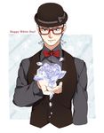  blue_hair bow bowtie flower formal ghiaccio glasses hat hokuto_shun ice ice_flower jojo_no_kimyou_na_bouken male_focus red-framed_eyewear solo suit 