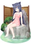  animal_ears bare_arms barefoot black_hair blue_eyes blush breasts bush cat_ears cleavage collarbone floral_print flower hand_on_own_chest head_tilt long_hair looking_at_viewer medium_breasts naked_towel onsen original sitting sitting_on_rock smile soaking_feet solo steam towel translation_request very_long_hair water yamasan 