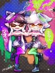  2girls aori_(splatoon) black_hair brown_eyes closed_eyes detached_collar domino_mask dress earrings fangs food food_on_head gloves green_legwear grey_hair grin hotaru_(splatoon) jewelry leg_up long_hair looking_at_viewer mask mizoreame mole mole_under_eye multiple_girls object_on_head open_mouth paint_splatter pantyhose pointy_ears purple_legwear shoes short_dress short_hair short_jumpsuit signature smile splatoon_(series) splatoon_1 squid strapless strapless_dress symmetrical_pose tentacle_hair translated white_gloves 