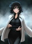  black_dress black_hair crossed_arms dress fubuki_(one-punch_man) green_eyes highres jacket_on_shoulders looking_at_viewer one-punch_man short_hair siraha smile solo 