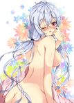  ;o ahoge ass black_ribbon blanket blush breasts eyebrows eyebrows_visible_through_hair floral_background highres large_breasts long_hair looking_at_viewer low_twintails matoi_(pso2) milkpanda nose_blush nude one_eye_closed parted_lips phantasy_star phantasy_star_online_2 red_eyes ribbon sideboob silver_hair solo teardrop tears twintails very_long_hair waking_up 