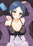  arms_up bangs black_bra blue_hair bow bow_bra bra breasts cleavage collarbone eyelashes fingernails hayami_kanade idolmaster idolmaster_cinderella_girls jacket lace lace_bra large_breasts lips long_sleeves looking_at_viewer lying mirei on_back on_floor open_mouth parted_bangs parted_lips short_hair sleeves_past_wrists solo sweater_jacket tsurime underwear undressing upper_body yellow_eyes 
