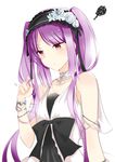  armlet bangs bare_shoulders beads black_ribbon blush bow bracelet choker dress euryale eyebrows eyebrows_visible_through_hair fate/grand_order fate/hollow_ataraxia fate_(series) flower fuu_(fuore) hairband headdress highres jewelry lolita_hairband long_hair necklace playing_with_own_hair purple_eyes purple_hair ribbon ribbon_trim ring solo twintails very_long_hair white_dress 
