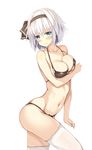  bare_shoulders bikini black_hairband blue_eyes blush breast_hold breasts collarbone eyebrows_visible_through_hair hairband hand_up highres konpaku_youmu large_breasts looking_at_viewer mokumokuren_(atariya_kyoushitsu) navel short_hair silver_hair simple_background skindentation solo swimsuit thighhighs touhou wavy_mouth white_background white_legwear 