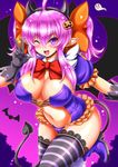  breasts cleavage commentary_request demon_girl demon_tail demon_wings detached_collar fake_horns gloves halloween horns kittan_(cve27426) large_breasts long_hair looking_at_viewer navel one_eye_closed open_mouth original pink_eyes pink_hair pointy_ears smile solo tail thighhighs w wings 