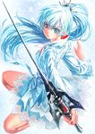  blue_dress blue_eyes blue_hair dress hair_ornament holding holding_sword holding_weapon jewelry lain left-handed long_hair long_sleeves looking_at_viewer myrtenaster necklace ponytail rapier rwby scar scar_across_eye solo sword very_long_hair weapon weiss_schnee wide_sleeves 