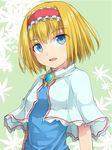  alice_margatroid blonde_hair blue_dress blue_eyes capelet dress hairband lolita_hairband looking_at_viewer open_mouth short_hair solo touhou upper_body uumaru white_capelet 