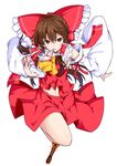  boots bow brown_eyes brown_hair cross-laced_footwear detached_sleeves foreshortening hair_bow hair_tubes hakurei_reimu highres ishimu long_sleeves looking_at_viewer mouth_hold navel shirt skirt skirt_set solo spell_card touhou wide_sleeves 