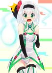  alternate_costume bare_shoulders black_legwear blush boots breasts cleavage cleavage_cutout commentary_request cosplay covering covering_breasts covering_crotch detached_sleeves dress embarrassed gloves green_eyes hacka_doll hacka_doll_1 hacka_doll_1_(cosplay) hair_ribbon highres konpaku_youmu konpaku_youmu_(ghost) looking_at_viewer nigo_(aozoragarou) open_mouth print_dress ribbon shy silver_hair small_breasts solo thigh_boots thighhighs touhou white_gloves 
