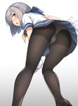  ass bent_over black_legwear blush commentary_request crotch_seam from_behind hamakaze_(kantai_collection) highres kantai_collection kyuuso_inukami looking_at_viewer looking_back open_mouth panties panties_under_pantyhose pantyhose pantyshot school_uniform serafuku short_hair short_sleeves silver_hair sketch skirt solo underwear upskirt 