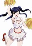  black_hair cheerleader cleavage_cutout flat_chest hair_ornament ikkitousen long_hair looking_at_viewer navel one_eye_closed open_mouth saji_genpou_(true) simple_background skirt socks solo twintails white_background white_legwear white_skirt yellow_eyes 